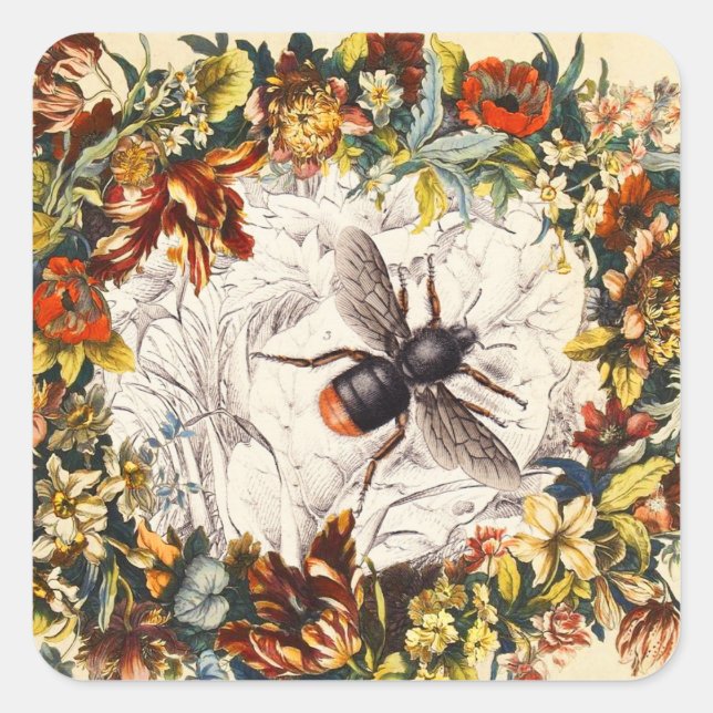 ADESIVO QUADRADO FLORES DE PRIMAVERA, ABELHA DE MEL/APOSTA DE MEL (Frente)