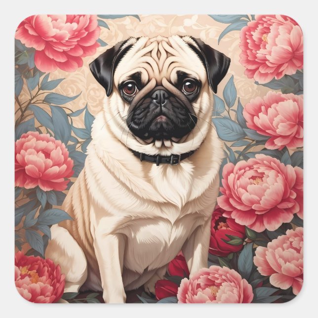 Adesivo Quadrado Flores de Pug e Peony William Morris Inspirado (Frente)