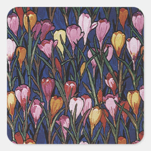 Adesivo Quadrado Flores do açafrão do vintage em um jardim, teste