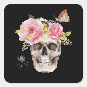 Adesivo Quadrado Flores do crânio Dão de Halloween da aranha-borb