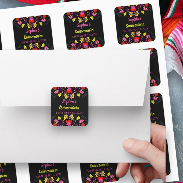 Adesivo Quadrado Flores do Partido Fiesta Mexicano Coloridas Pretas (Stickers, envelope seals, cupcake toppers .. from my Mexican Fiesta Party Quinceanera Collection 
)