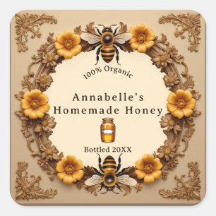 Adesivo Quadrado Flores e abelhas Homemed Honey Personalize