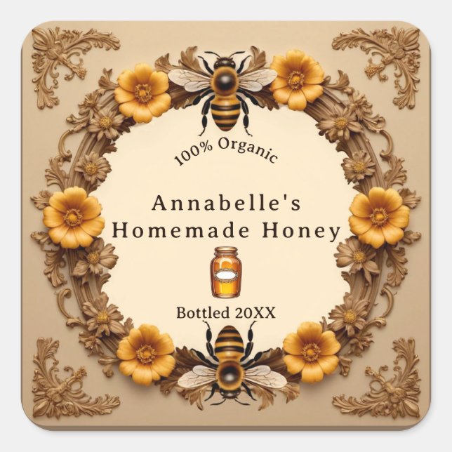 Adesivo Quadrado Flores e abelhas Homemed Honey Personalize (Frente)