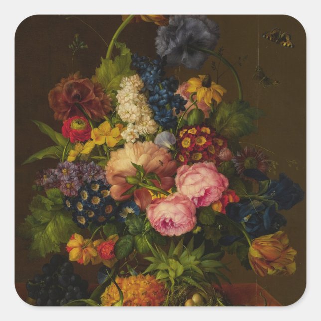 Adesivo Quadrado Flores e ananás em uma Entablatação (Frente)