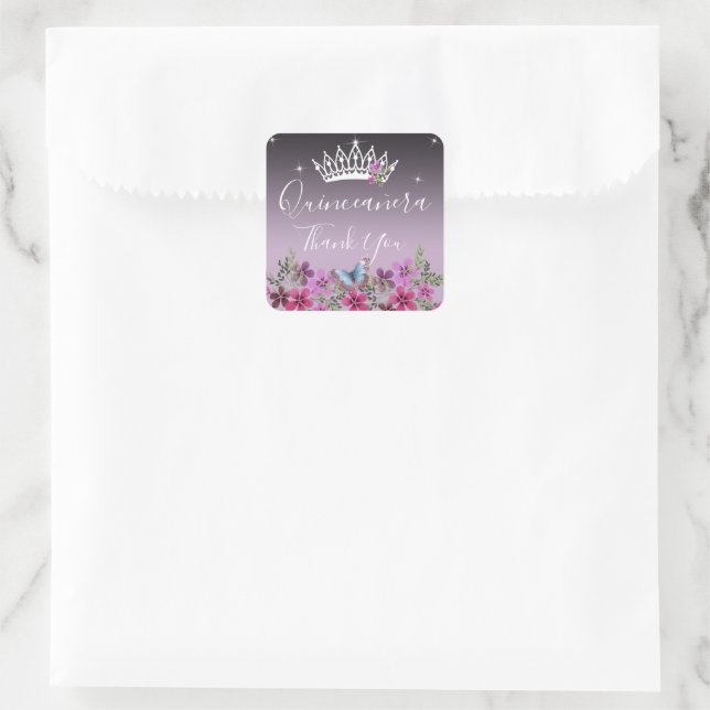 Adesivo Quadrado Flores e Borboleta Obrigado Quinceanera (Bolsa)