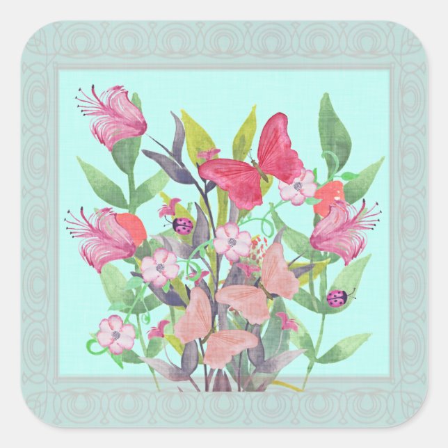 Adesivo Quadrado Flores e borboletas de aquarela rosa e vermelha (Frente)