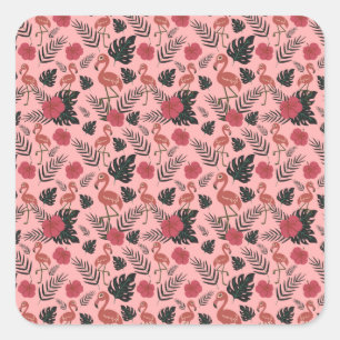 Adesivo Quadrado Flores e folhas de padrão uniforme, cor-de-rosa,
