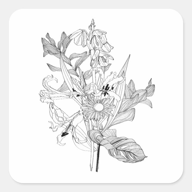 Adesivo Quadrado Flores e palmeiras em estilo de esboço. (Frente)