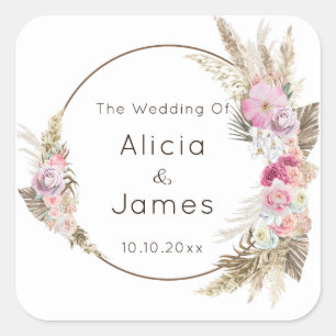 Adesivo Quadrado Flores e Penas de Aquarelas Boho