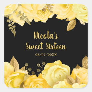 Adesivo Quadrado Flores Elegantes Amarelas e Douradas Sweet Sixteen
