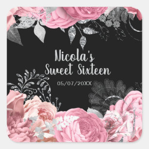 Adesivo Quadrado Flores Elegantes Rosa e Prata Sweet Sixteen 
