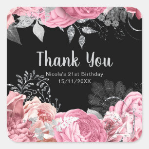 Adesivo Quadrado Flores Elegantes Rosa e Prata Sweet Sixteen