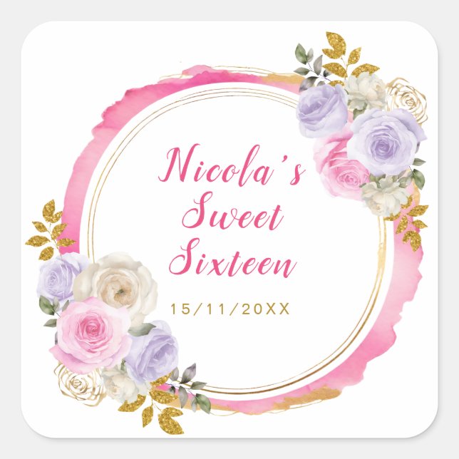 Adesivo Quadrado Flores Elegantes Rosa e Roxo Doce Dezesseis (Frente)