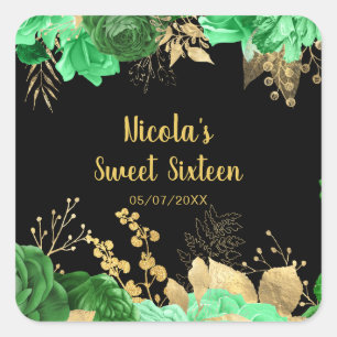 Adesivo Quadrado Flores Elegantes Verdes e Douradas Sweet Sixteen