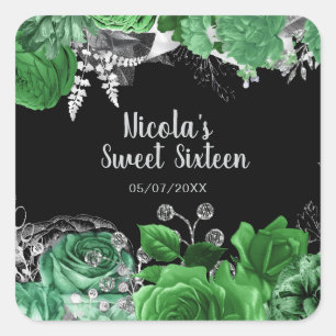 Adesivo Quadrado Flores Elegantes Verdes e Prata Sweet Sixteen 