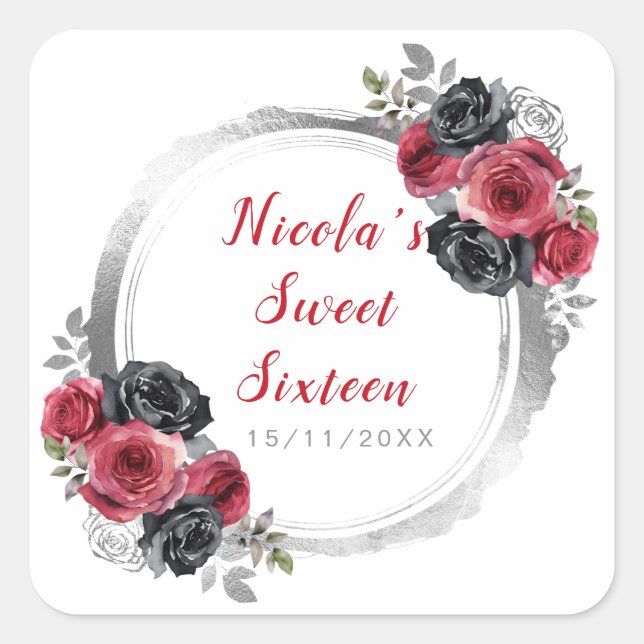 Adesivo Quadrado Flores Elegantes Vermelhas e Prateadas Doce Dezess (Frente)
