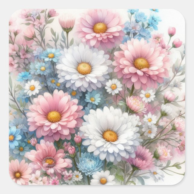 Adesivo Quadrado Flores em aquarela em pastéis suaves  (Frente)