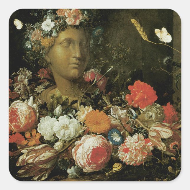 Adesivo Quadrado Flores em torno de um busto clássico (Frente)