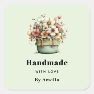 Adesivo Quadrado Flores Feitas à Mão com Amor em um Vaso Aconchegan
