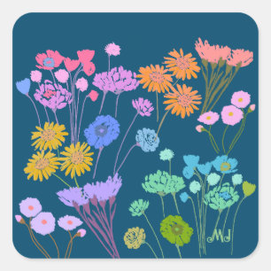 Adesivo Quadrado Flores Felizes Brilhantes Flores Coloridas Escuras