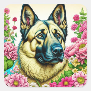 Adesivo Quadrado Flores german shepherd e Whimsical