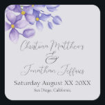 Adesivo Quadrado Flores Lilás Românticas de Aquarela em Roxo<br><div class="desc">Este adesivo personalizado apresenta um tema romântico de casamento. O fundo é uma cor púrpura simples e elegante,  com flores lilás púrpuras de aquarela,  na borda do topo.</div>