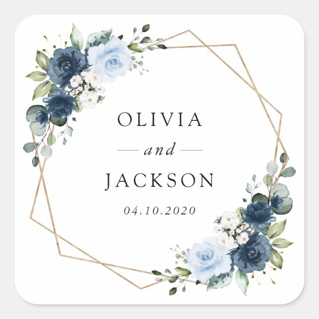 Adesivo Quadrado Flores marinhos, Flores Azuis, Boho, Casamento Flo (Frente)
