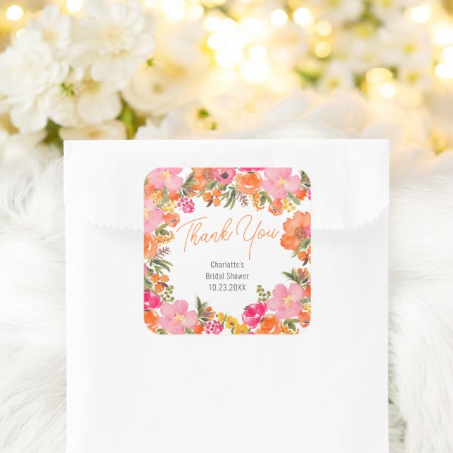 Adesivo Quadrado Flores modernas e ousadas agradecem o chá de panel (Modern bold flowers thank you bridal shower square sticker)