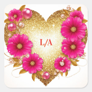 Adesivo Quadrado 🌿 Flores Pink Coração Dourado Embrulho Romântico 