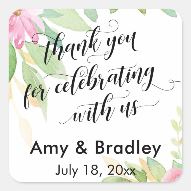 Adesivo Quadrado Flores Pintadas Obrigado por Celebrar Conosco (Frente)