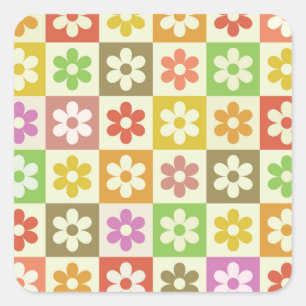 Adesivo Quadrado Flores Retrô Coloridas em Padrão Xadrez