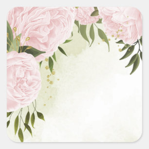 Adesivo Quadrado Flores rosa Boho folhas verdes botânico
