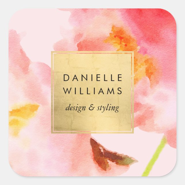 Adesivo Quadrado Flores Rosa de Aquarela Luxo com Moldura em Dourad (Frente)