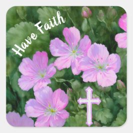 Adesivo Quadrado Flores Rosa e Cruz Têm Vinheta Fé