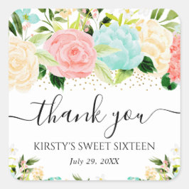 Adesivo Quadrado Flores Rosa e Verde Água em Aquarela Sweet Sixteen