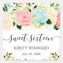 Adesivo Quadrado Flores Rosa e Verde Água Florais Sweet Sixteen