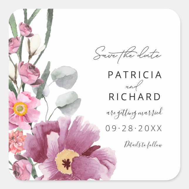 Adesivo Quadrado Flores Selvagens Aquarela Casamento Salvar A Data (Frente)