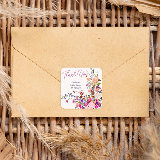 Adesivo Quadrado Flores silvestres modernas obrigado você chá de pa (Modern wild flowers thank you bridal shower square sticker)