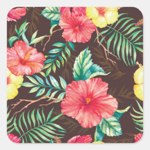 Adesivo Quadrado Flores Tropicais Coloridas Fundo Escuro