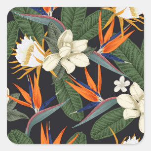 Adesivo Quadrado Flores tropicais, fundo escuro, sem costura floral