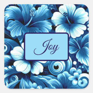 Adesivo Quadrado Flores tropicais havaianas Hibiscus Padrão Azul