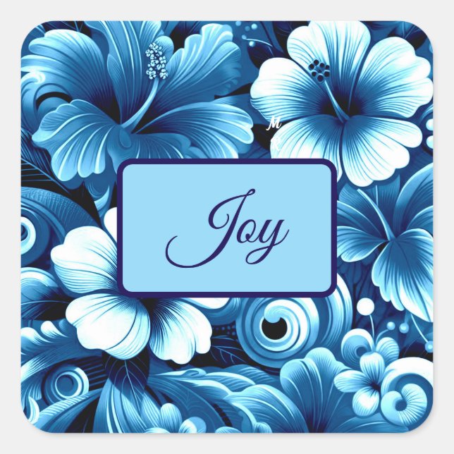 Adesivo Quadrado Flores tropicais havaianas Hibiscus Padrão Azul (Frente)