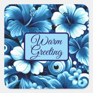 Adesivo Quadrado Flores tropicais havaianas Hibiscus Padrão Azul