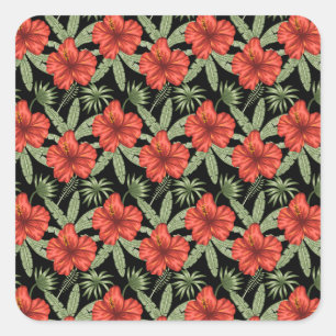 Adesivo Quadrado Flores tropicais vermelhas Folhas verdes