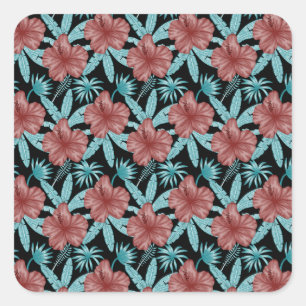 Adesivo Quadrado Flores vermelhas padrão uniforme tropical folhas &