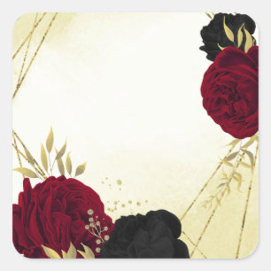 Adesivo Quadrado flores vermelhas pretas ouro folhas casamento