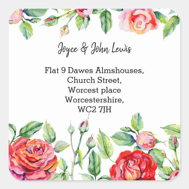 Adesivo Quadrado flores vermelhas Rótulo do endereço (Frente)