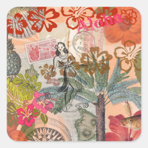 Adesivo Quadrado Flores Vintage Hula Coloridas Havaianas Tropicais