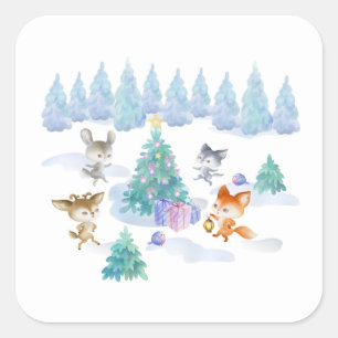 Adesivo Quadrado Floresta Dançando Animais de Natal