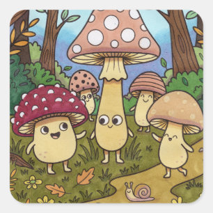 Adesivo Quadrado Floresta de Cogumelos Fofos, Fungo Caprichoso